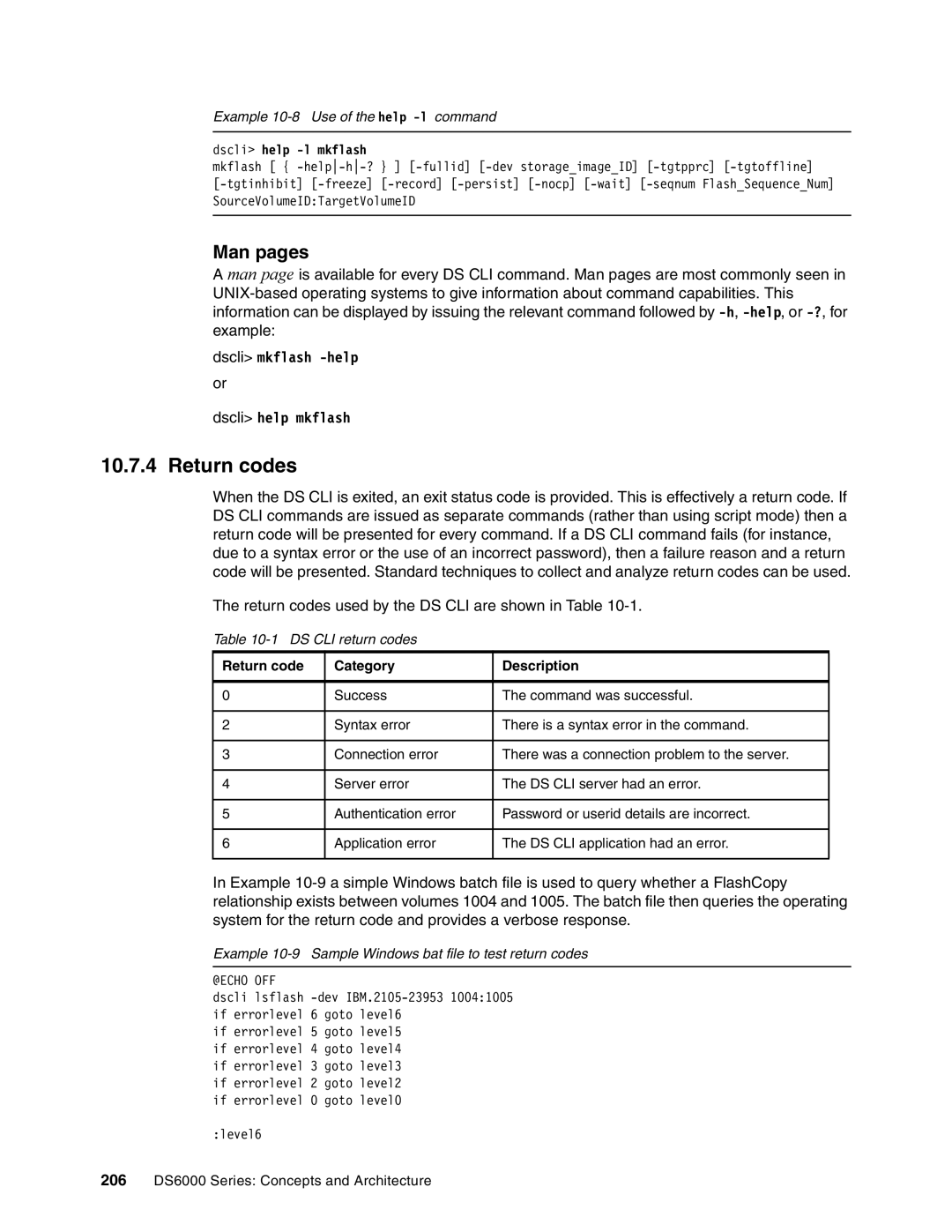 IBM DS6000 Series manual Return codes, Man pages, Example 10-8 Use of the help -lcommand, DS CLI return codes 