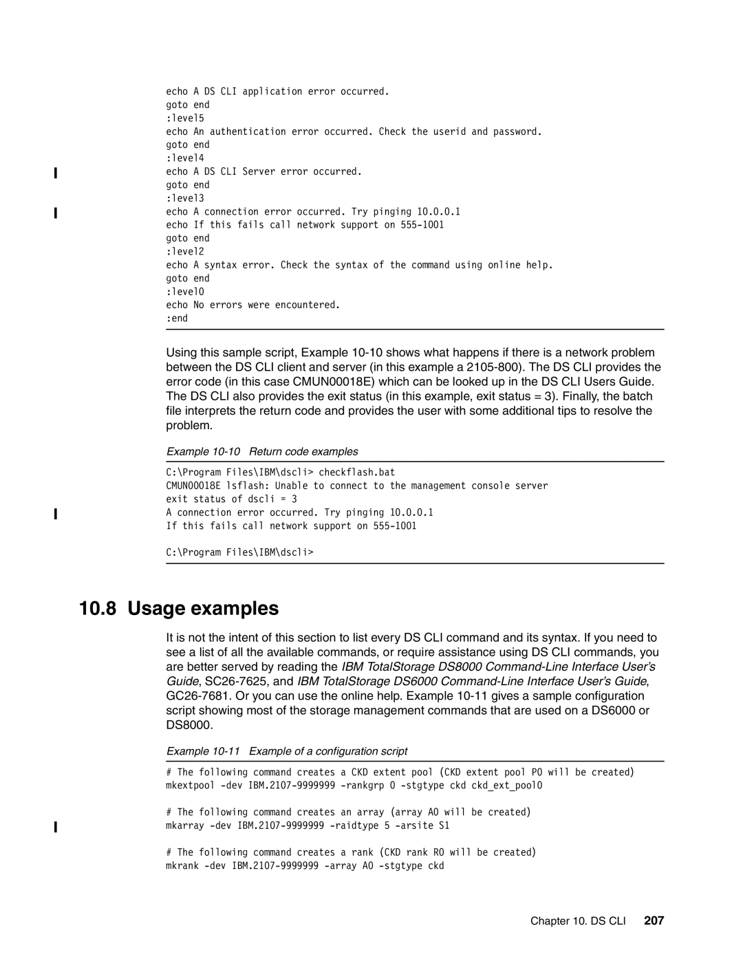 IBM DS6000 Series Usage examples, Example 10-10 Return code examples, Example 10-11 Example of a configuration script 