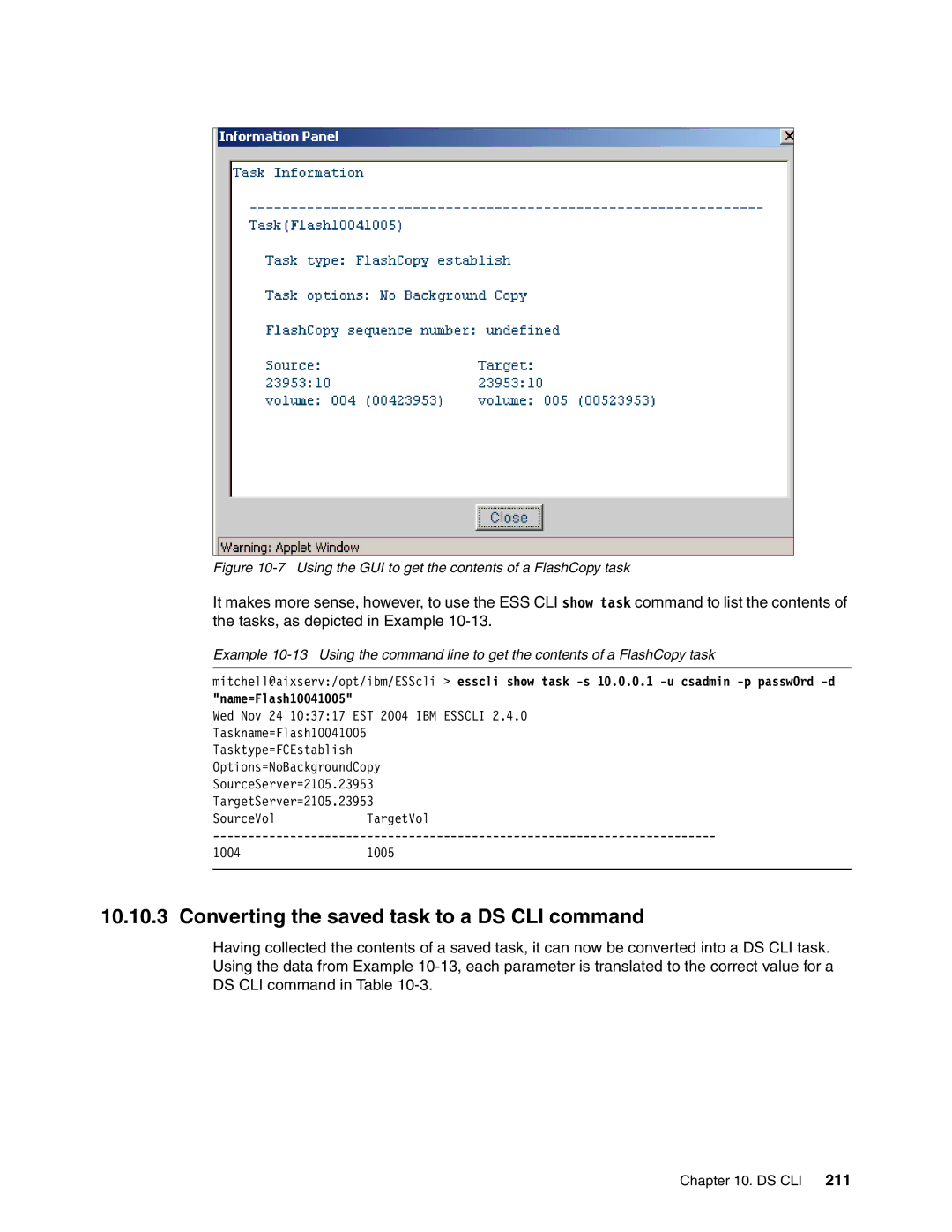 IBM DS6000 Series Converting the saved task to a DS CLI command, Using the GUI to get the contents of a FlashCopy task 