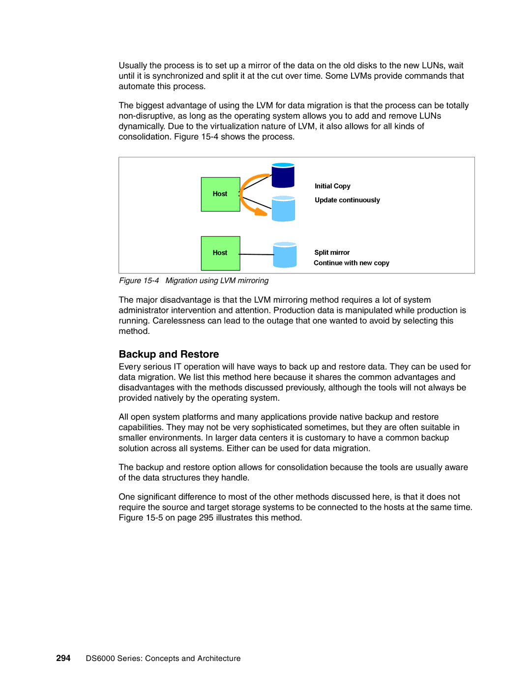 IBM DS6000 Series manual Backup and Restore, Migration using LVM mirroring 