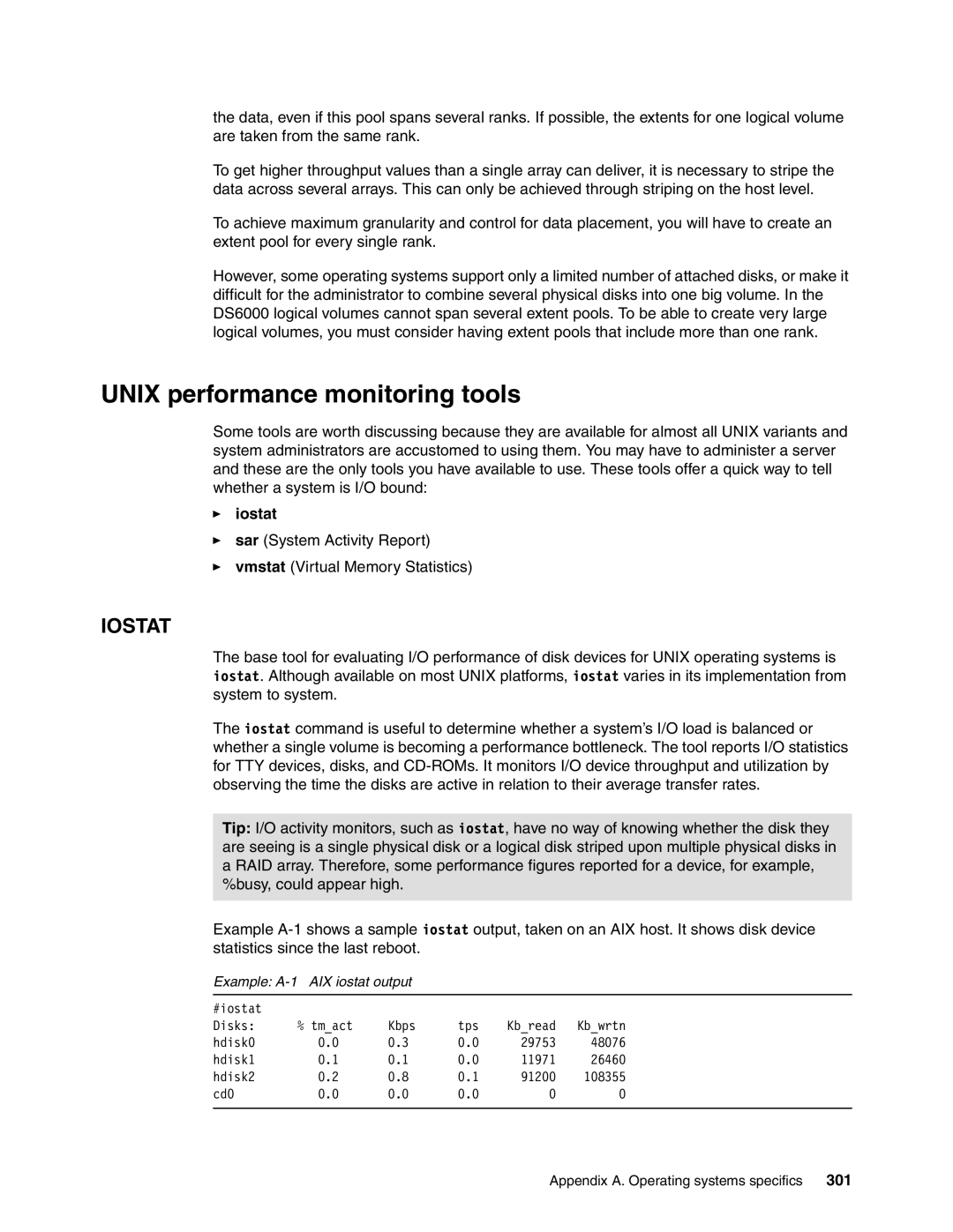 IBM DS6000 Series manual Unix performance monitoring tools, Iostat, 301, Example A-1 AIX iostat output 