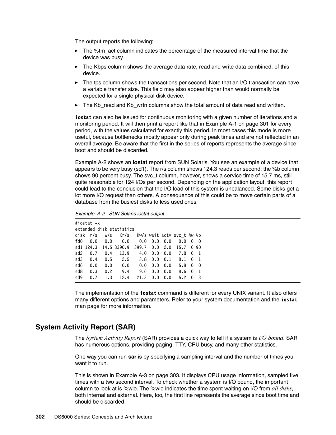 IBM DS6000 Series manual System Activity Report SAR, Example A-2 SUN Solaris iostat output 