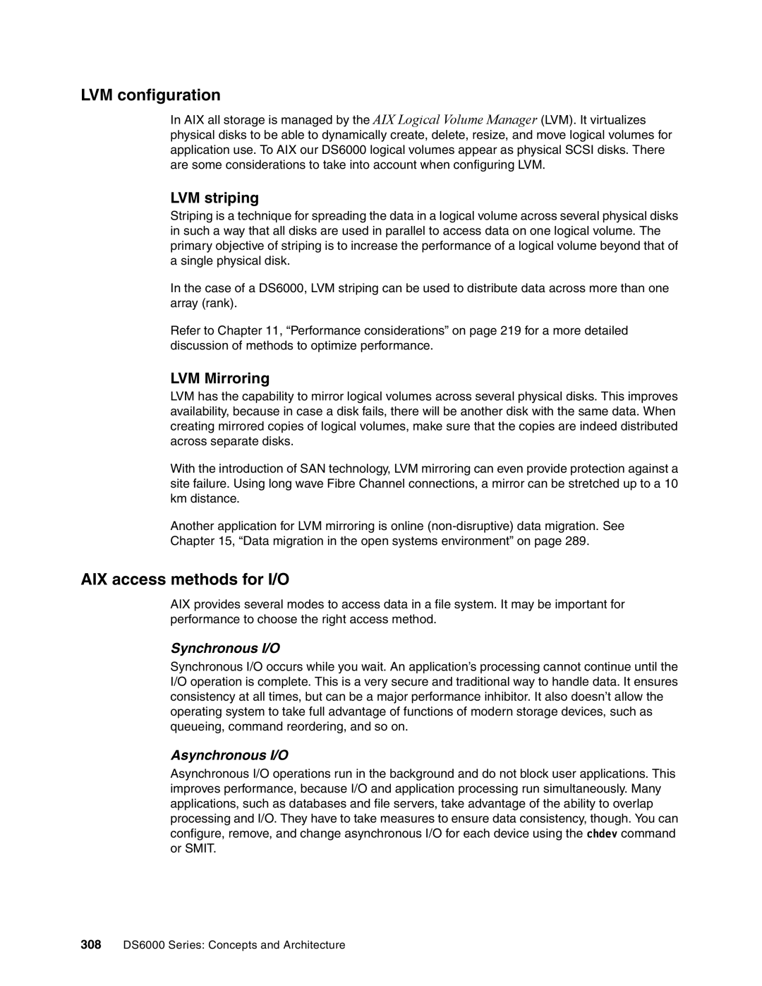 IBM DS6000 Series manual LVM configuration, AIX access methods for I/O, LVM striping, LVM Mirroring 