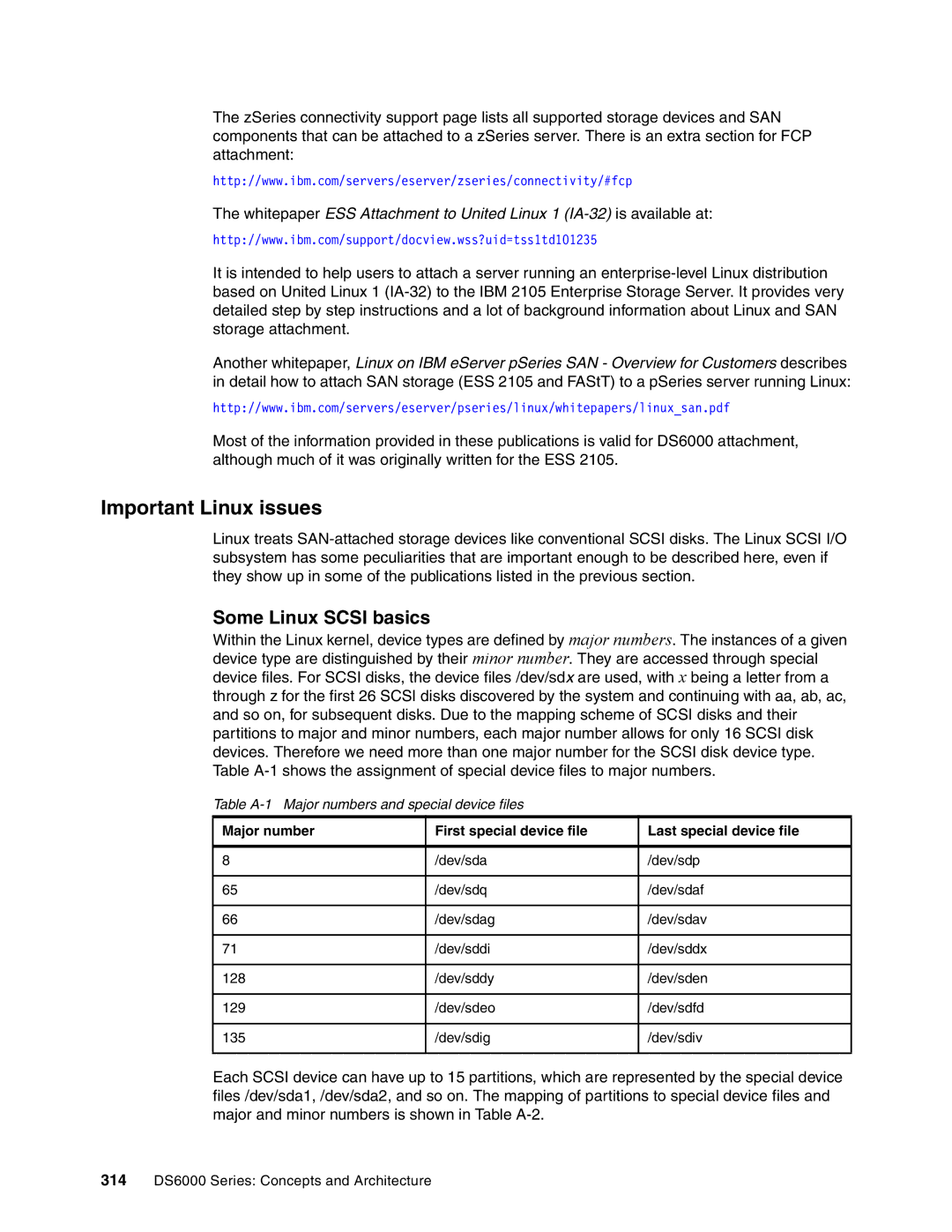 IBM DS6000 Series manual Important Linux issues, Some Linux Scsi basics, Table A-1 Major numbers and special device files 