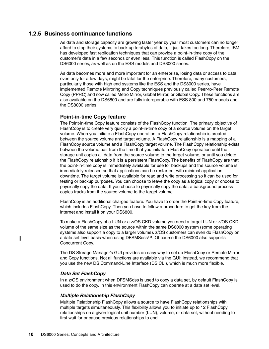 IBM DS6000 Series manual Business continuance functions, Point-in-time Copy feature, Data Set FlashCopy 