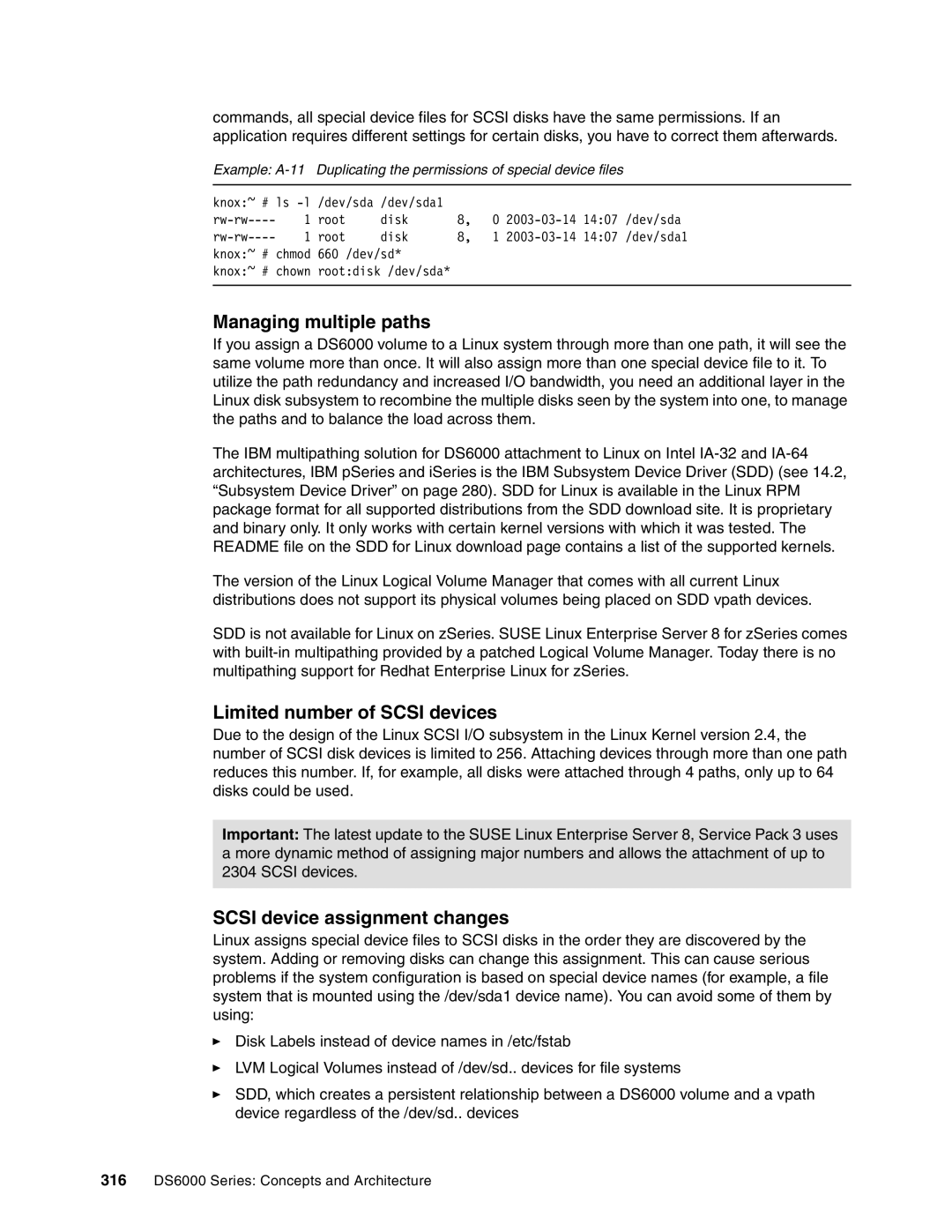 IBM DS6000 Series manual Managing multiple paths, Limited number of Scsi devices, Scsi device assignment changes 