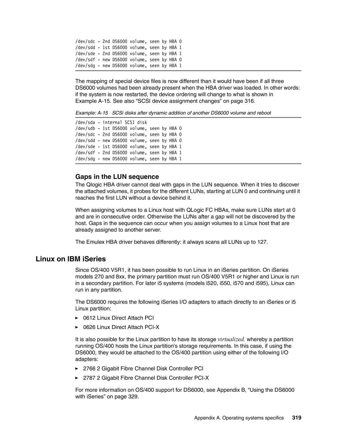 IBM DS6000 Series manual Linux on IBM iSeries, Gaps in the LUN sequence, 319 