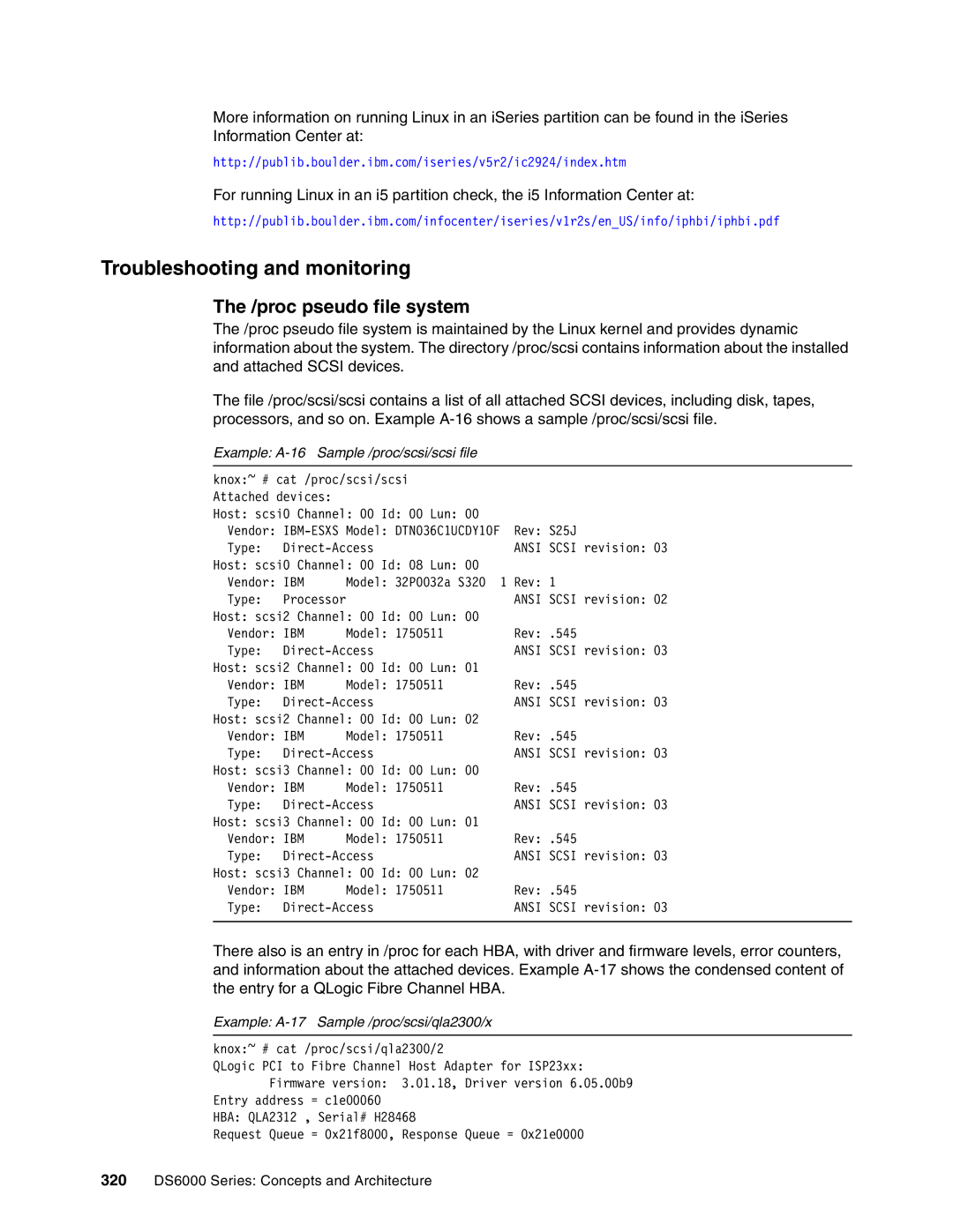 IBM DS6000 Series manual Troubleshooting and monitoring, proc pseudo file system, Example A-16 Sample /proc/scsi/scsi file 