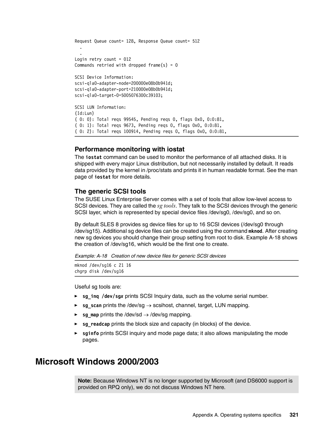 IBM DS6000 Series manual Microsoft Windows 2000/2003, Performance monitoring with iostat, Generic Scsi tools, 321 