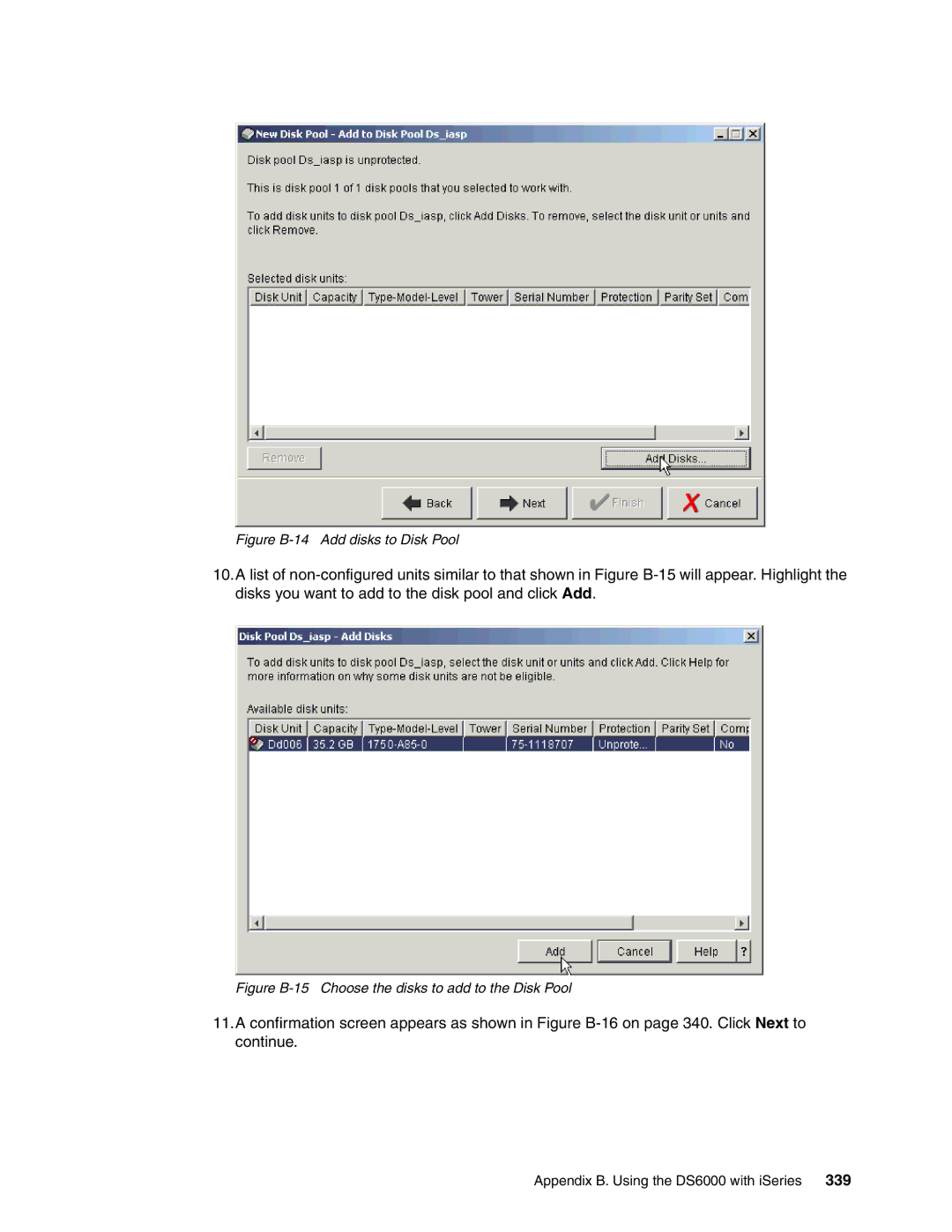 IBM DS6000 Series manual Figure B-14 Add disks to Disk Pool 