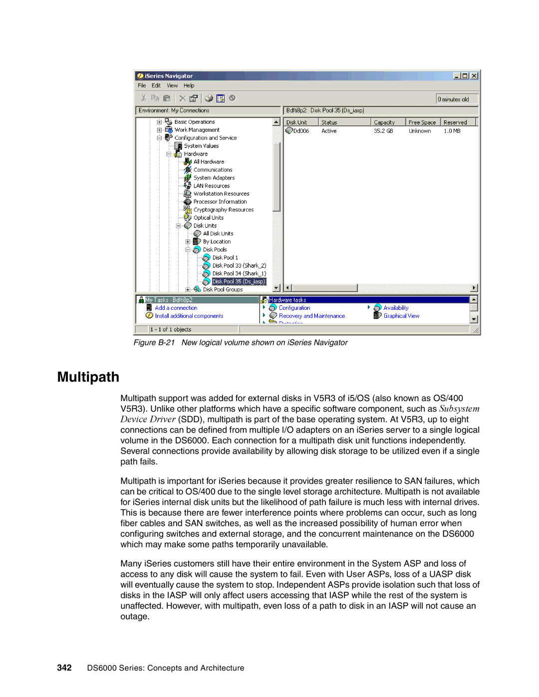 IBM DS6000 Series manual Multipath, Figure B-21 New logical volume shown on iSeries Navigator 