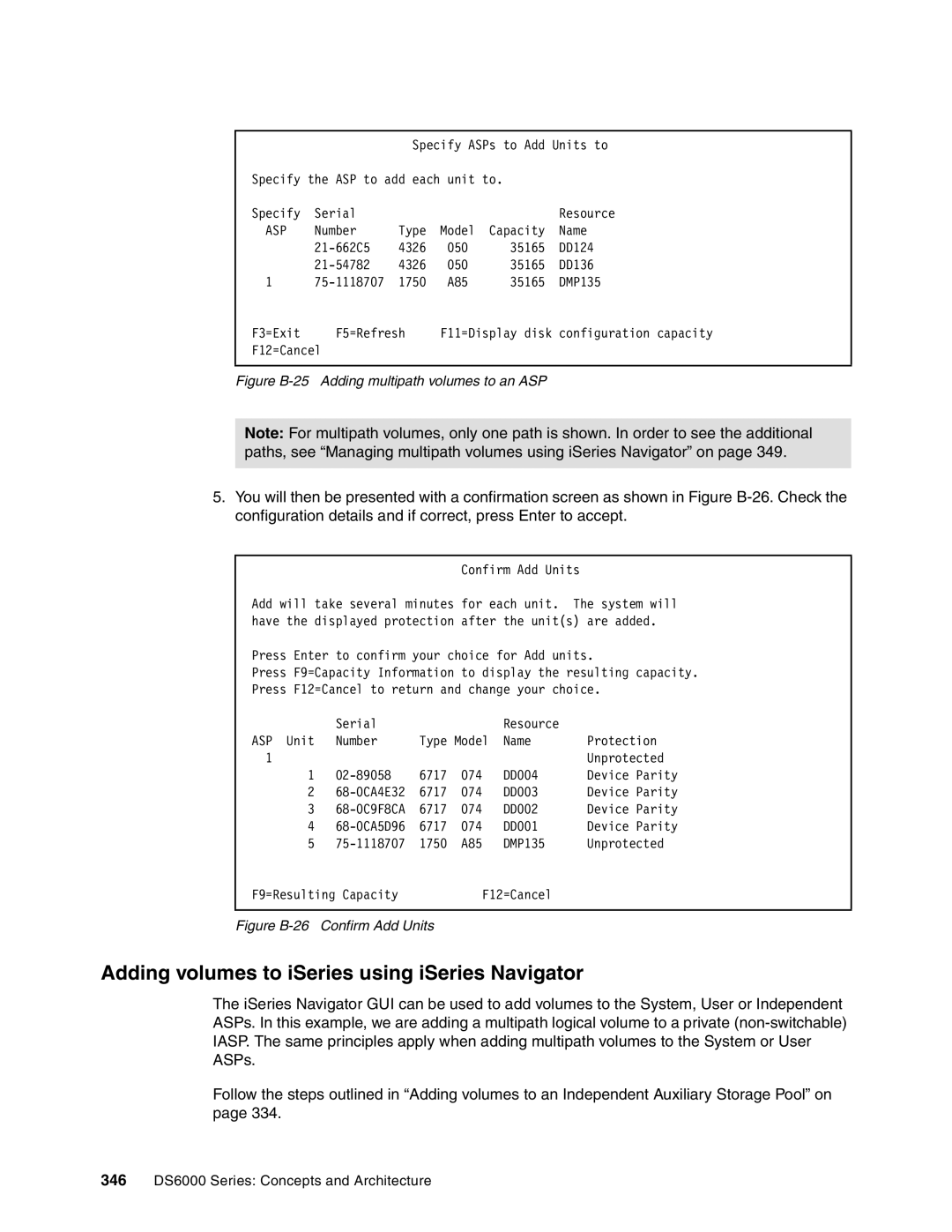 IBM DS6000 Series manual Adding volumes to iSeries using iSeries Navigator, Figure B-25 Adding multipath volumes to an ASP 