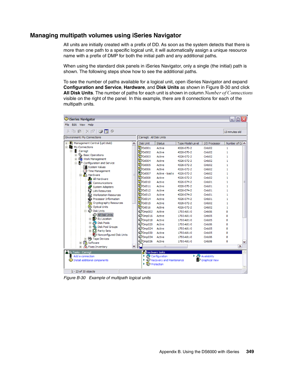 IBM DS6000 Series manual Managing multipath volumes using iSeries Navigator, Figure B-30 Example of multipath logical units 