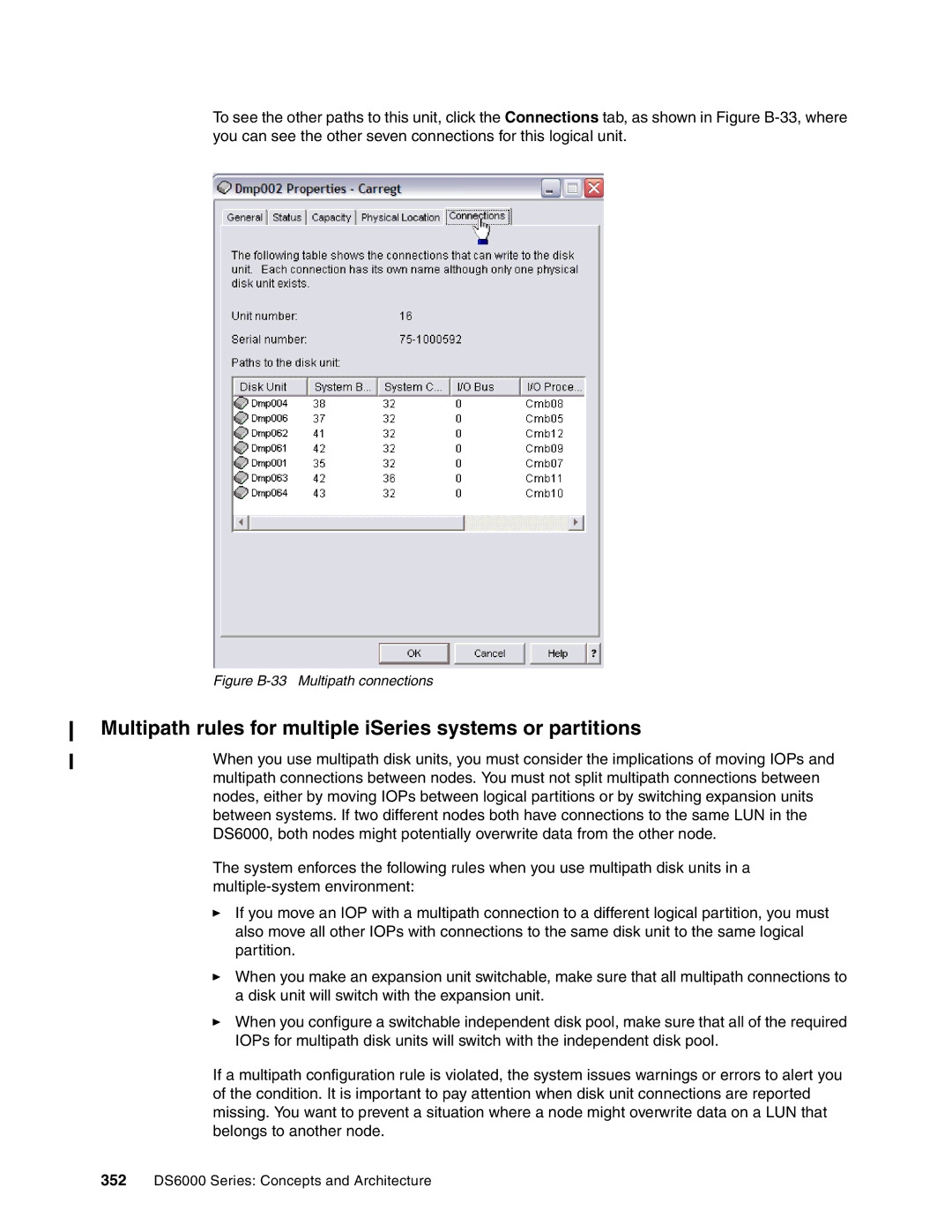 IBM DS6000 Series manual Multipath rules for multiple iSeries systems or partitions, Figure B-33 Multipath connections 