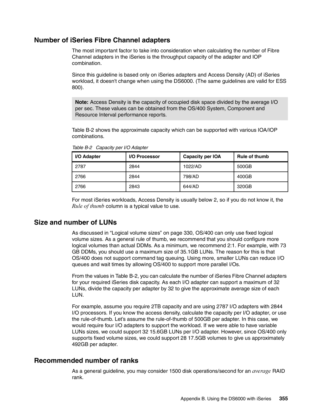 IBM DS6000 Series manual Number of iSeries Fibre Channel adapters, Size and number of LUNs, Recommended number of ranks 