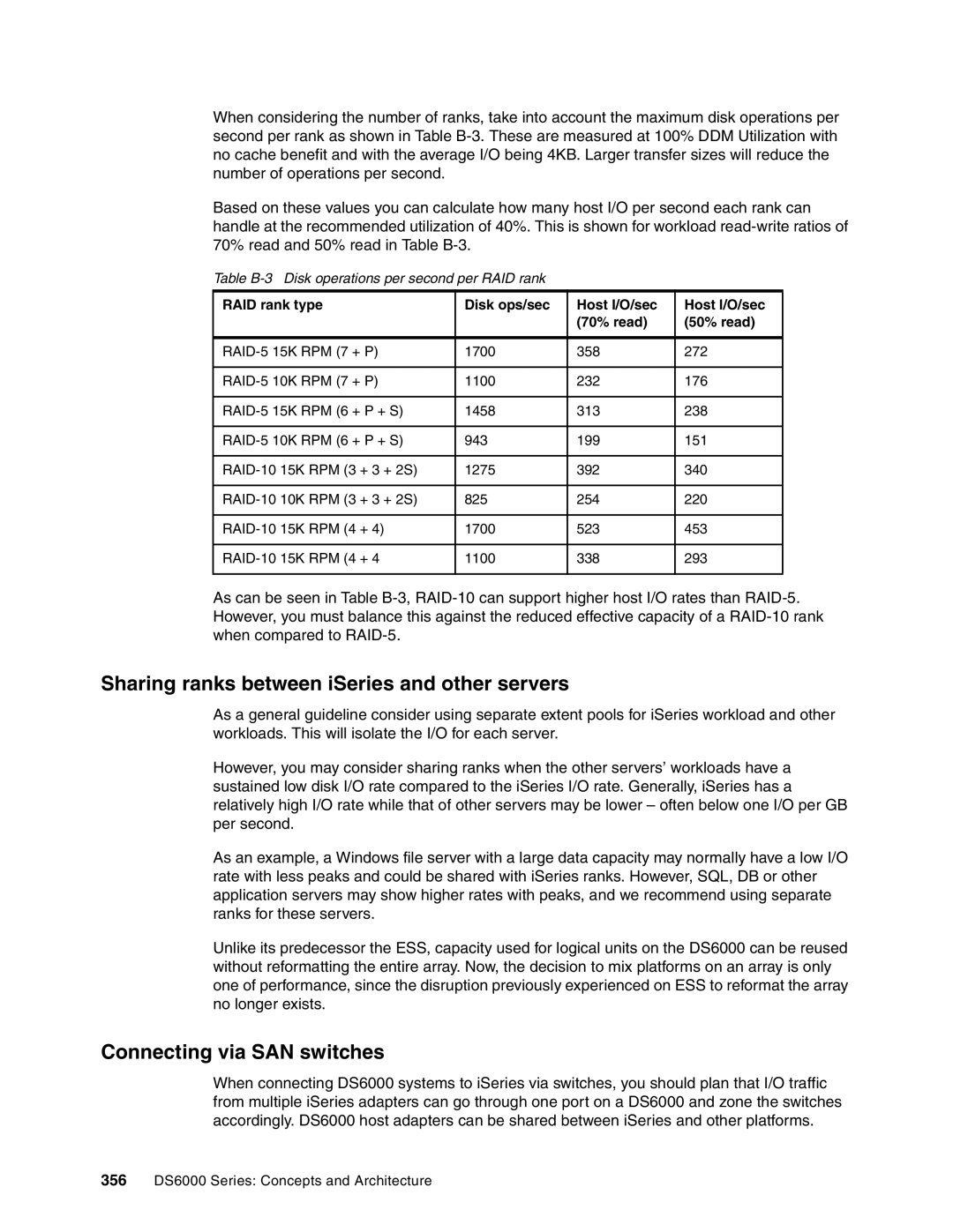 IBM DS6000 Series manual Sharing ranks between iSeries and other servers, Connecting via SAN switches 