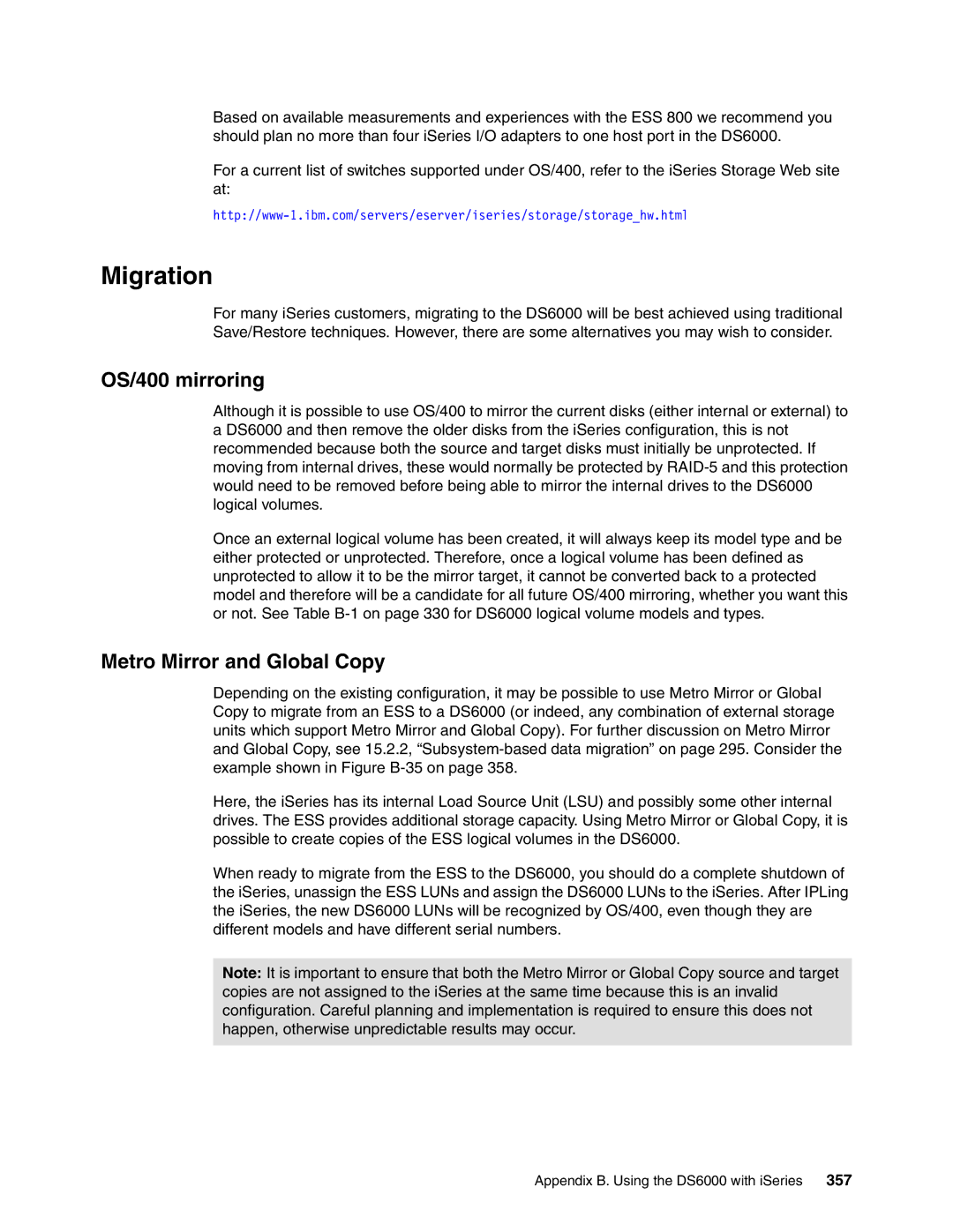 IBM DS6000 Series manual Migration, OS/400 mirroring, Metro Mirror and Global Copy 