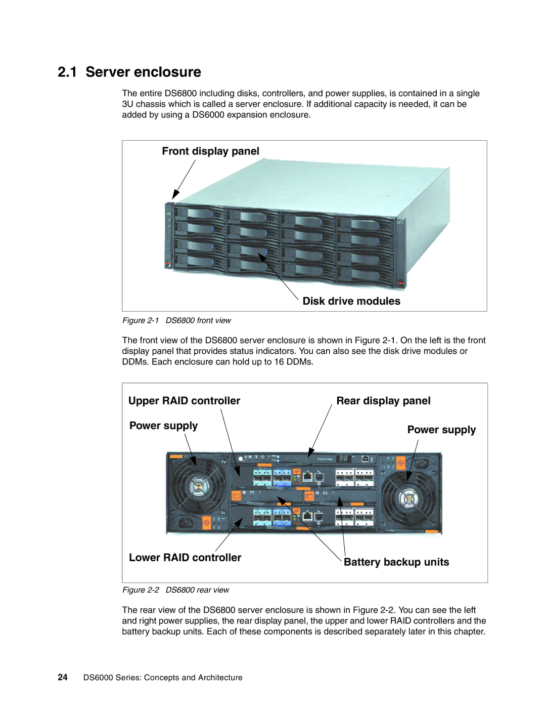 IBM DS6000 Series Server enclosure, Front display panel Disk drive modules, Lower RAID controller Battery backup units 