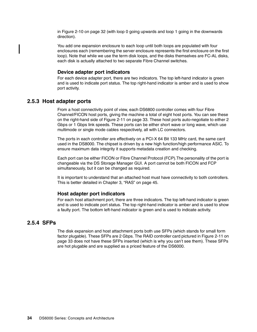 IBM DS6000 Series manual Host adapter ports, SFPs, Device adapter port indicators, Host adapter port indicators 