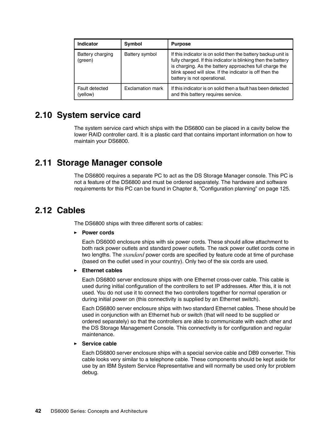 IBM DS6000 Series manual System service card, Storage Manager console, Cables 