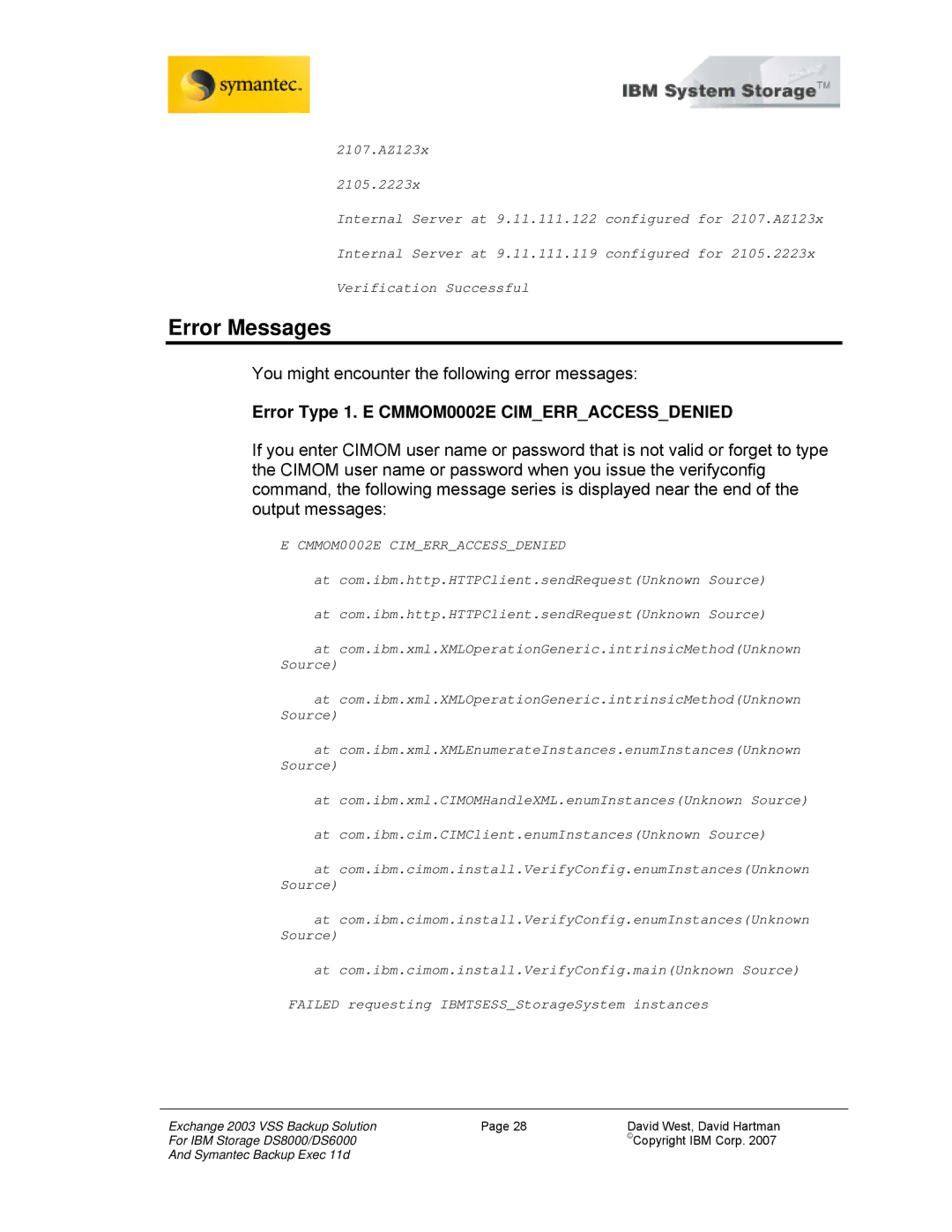 IBM DS8000, DS6000 manual Error Messages, Error Type 1. E CMMOM0002E Cimerraccessdenied 