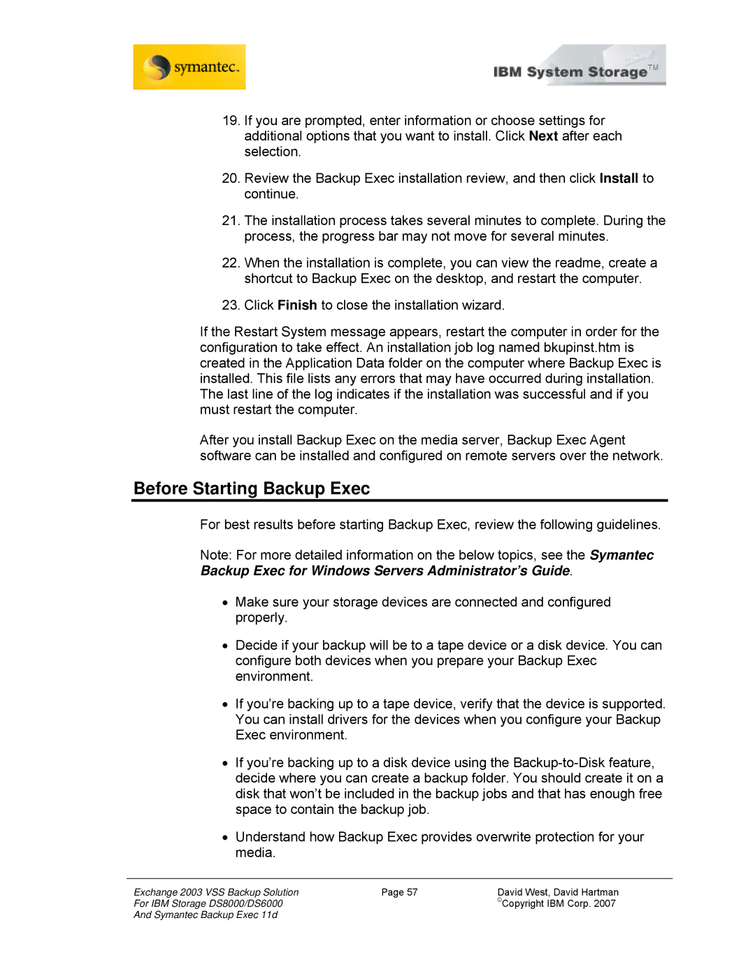 IBM DS6000, DS8000 manual Before Starting Backup Exec 