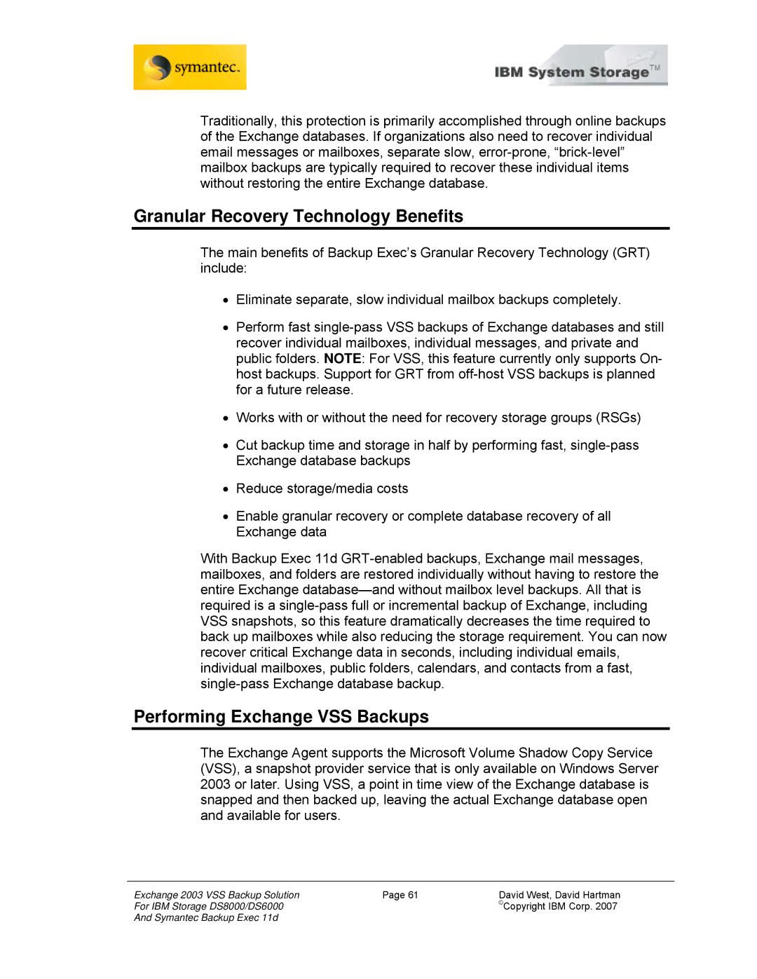 IBM DS6000, DS8000 manual Granular Recovery Technology Benefits, Performing Exchange VSS Backups 