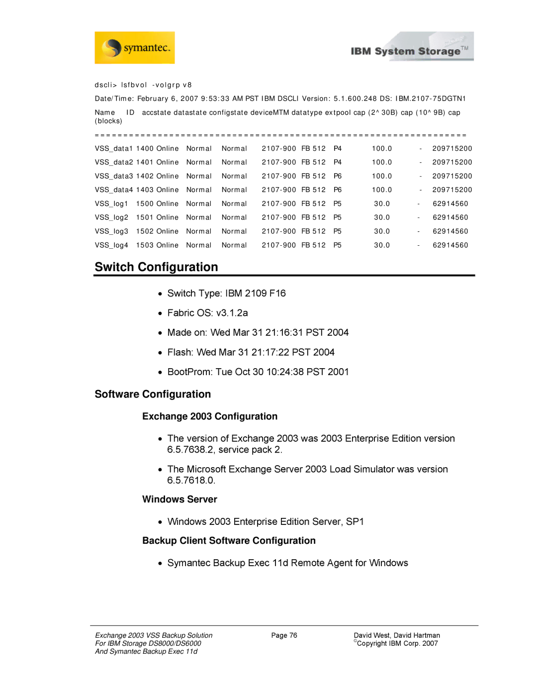 IBM DS8000, DS6000 manual Switch Configuration, Software Configuration, Exchange 2003 Configuration, Windows Server 