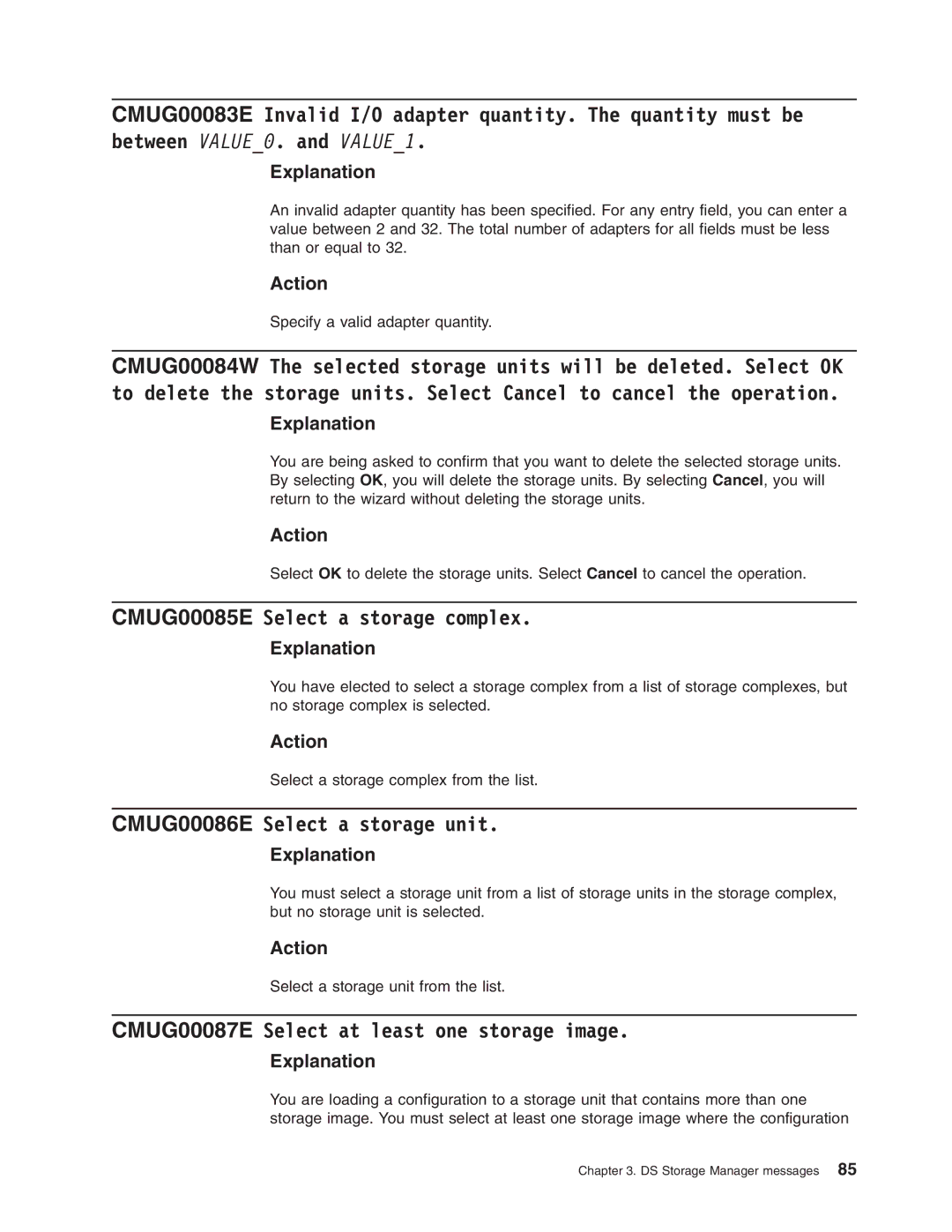 IBM DS8000 manual CMUG00085E Select a storage complex, CMUG00086E Select a storage unit 