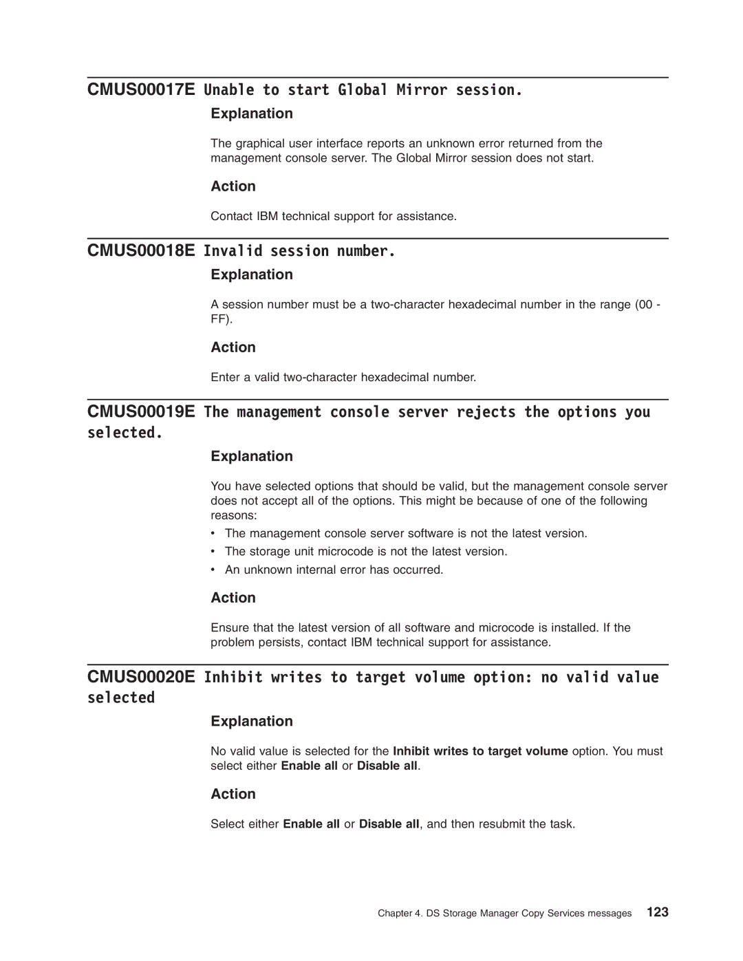IBM DS8000 manual CMUS00017E Unable to start Global Mirror session, CMUS00018E Invalid session number 