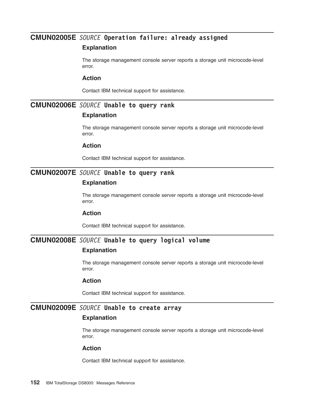 IBM DS8000 manual CMUN02005E Source Operation failure already assigned, CMUN02006E Source Unable to query rank 