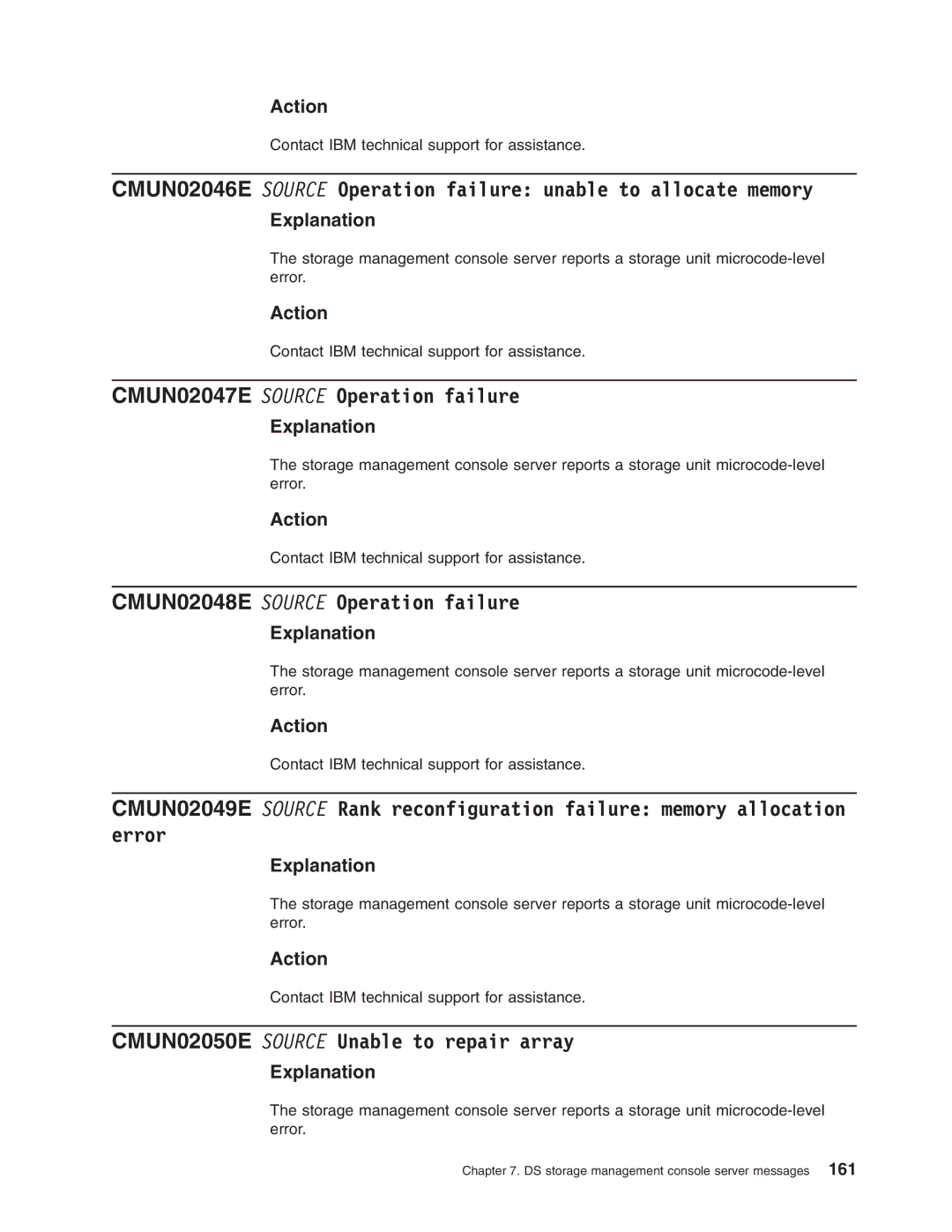 IBM DS8000 manual CMUN02047E Source Operation failure, CMUN02048E Source Operation failure 