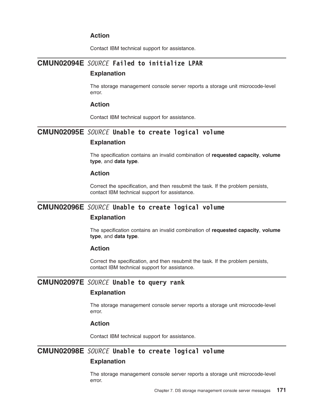 IBM DS8000 manual CMUN02094E Source Failed to initialize Lpar, CMUN02095E Source Unable to create logical volume 