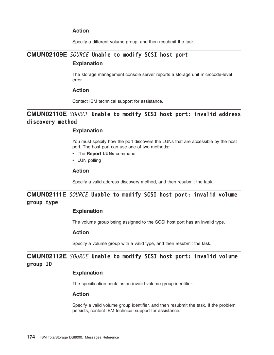 IBM DS8000 manual CMUN02109E Source Unable to modify Scsi host port, Report LUNs command 
