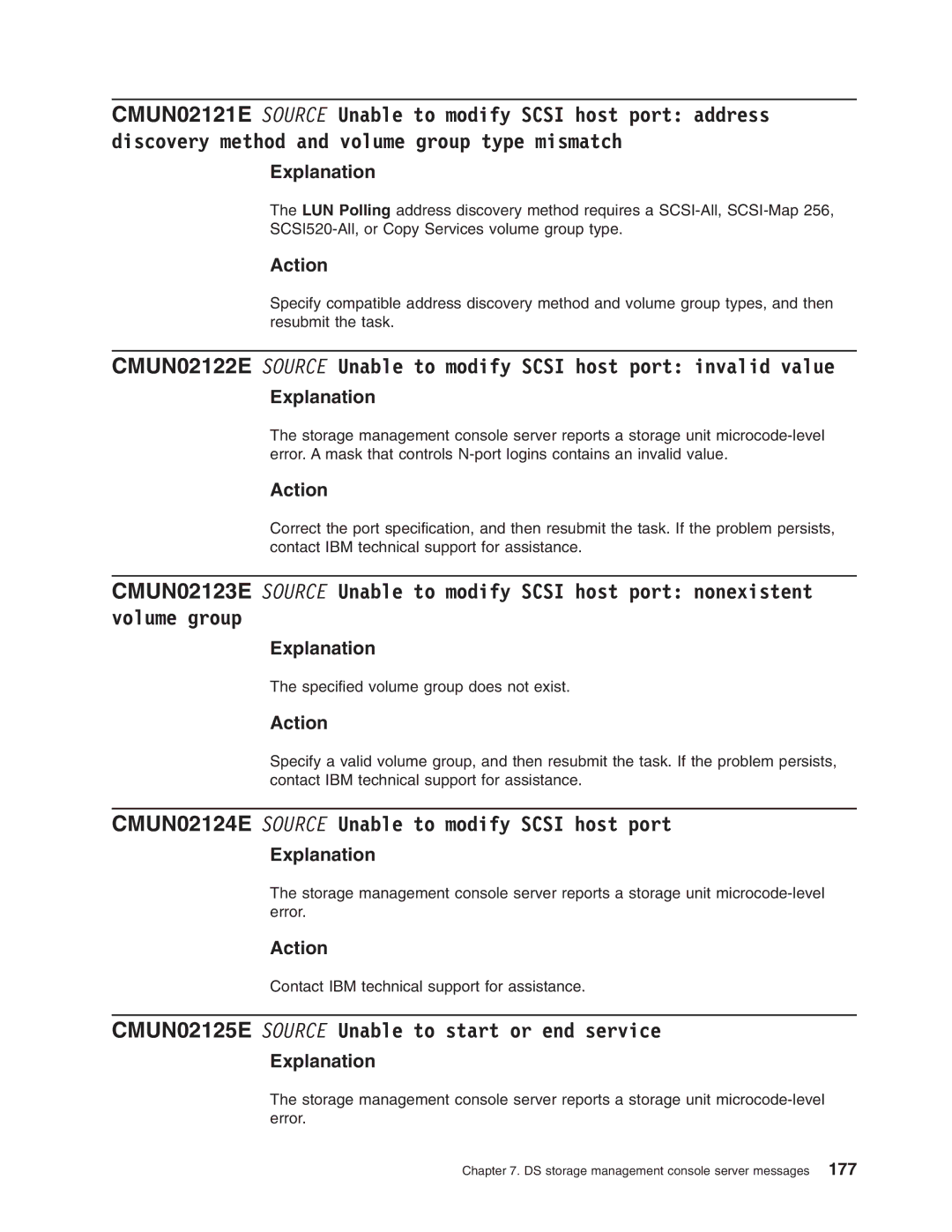 IBM DS8000 manual CMUN02124E Source Unable to modify Scsi host port, CMUN02125E Source Unable to start or end service 