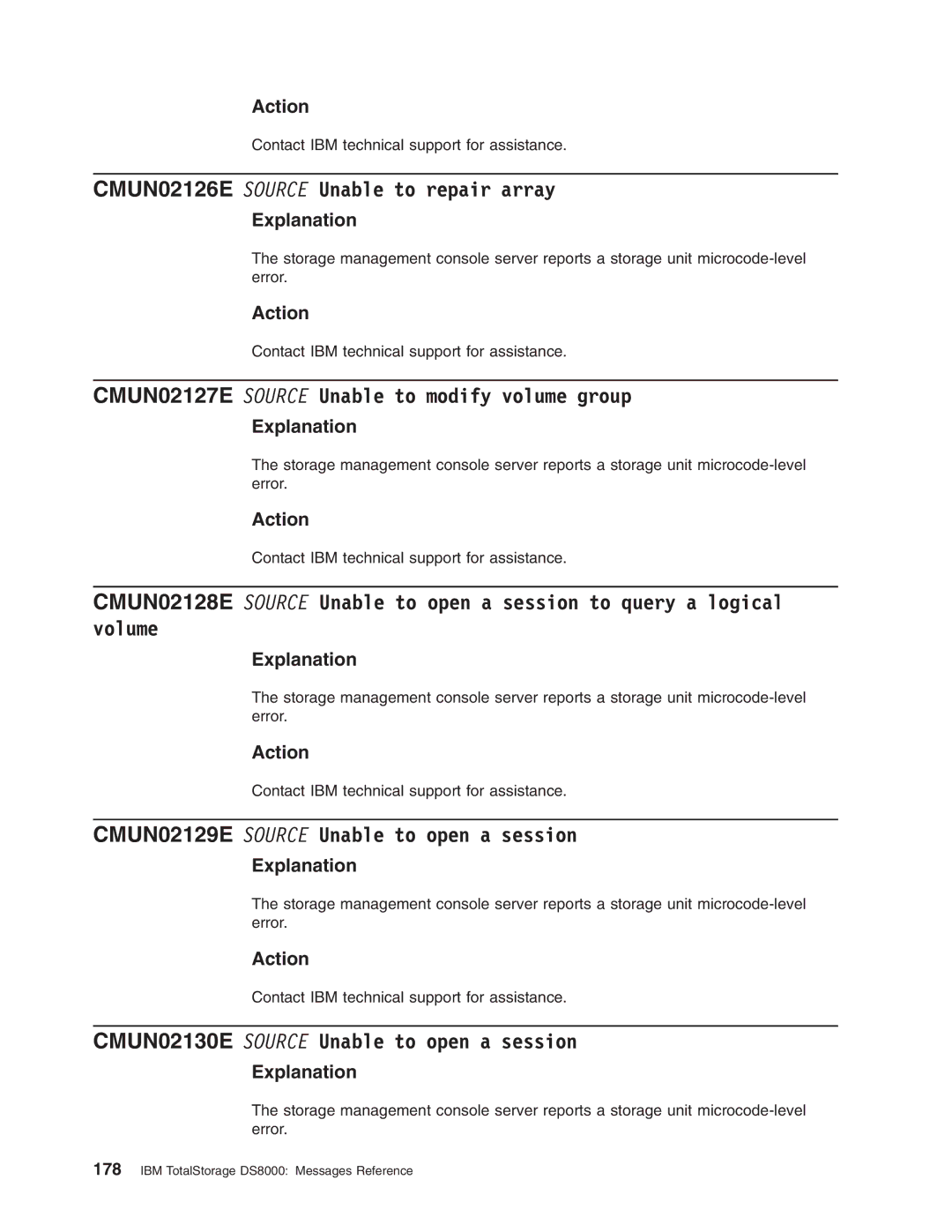 IBM DS8000 manual CMUN02126E Source Unable to repair array, CMUN02127E Source Unable to modify volume group 