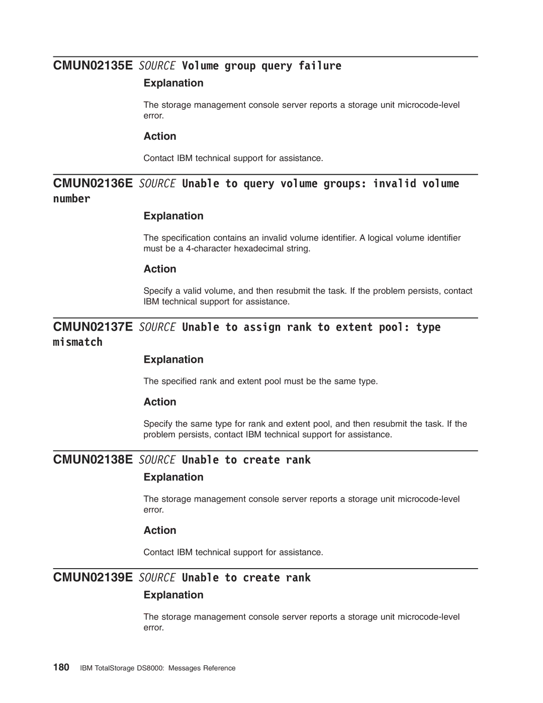 IBM DS8000 manual CMUN02135E Source Volume group query failure, CMUN02138E Source Unable to create rank 