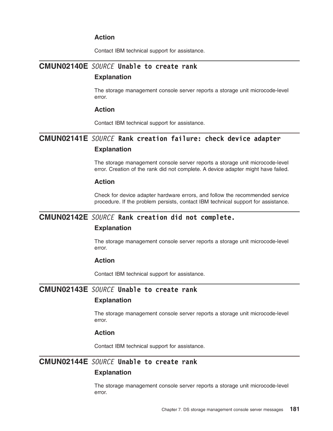 IBM DS8000 manual CMUN02140E Source Unable to create rank, CMUN02142E Source Rank creation did not complete 