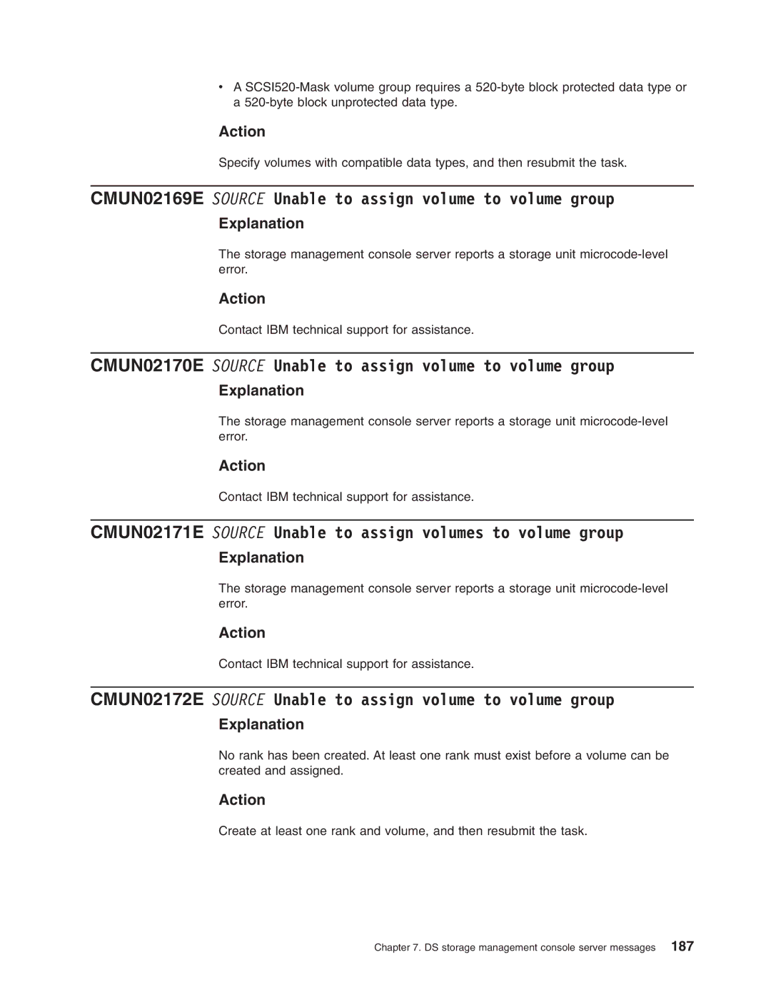 IBM DS8000 manual CMUN02169E Source Unable to assign volume to volume group 