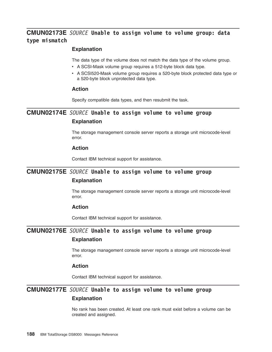 IBM DS8000 manual CMUN02174E Source Unable to assign volume to volume group 