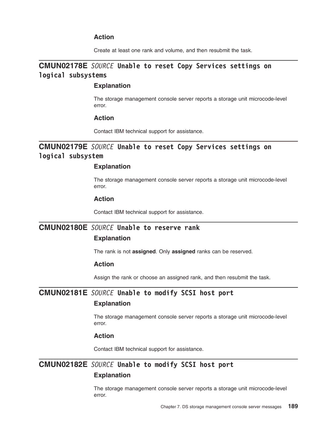 IBM DS8000 manual CMUN02180E Source Unable to reserve rank, CMUN02181E Source Unable to modify Scsi host port 