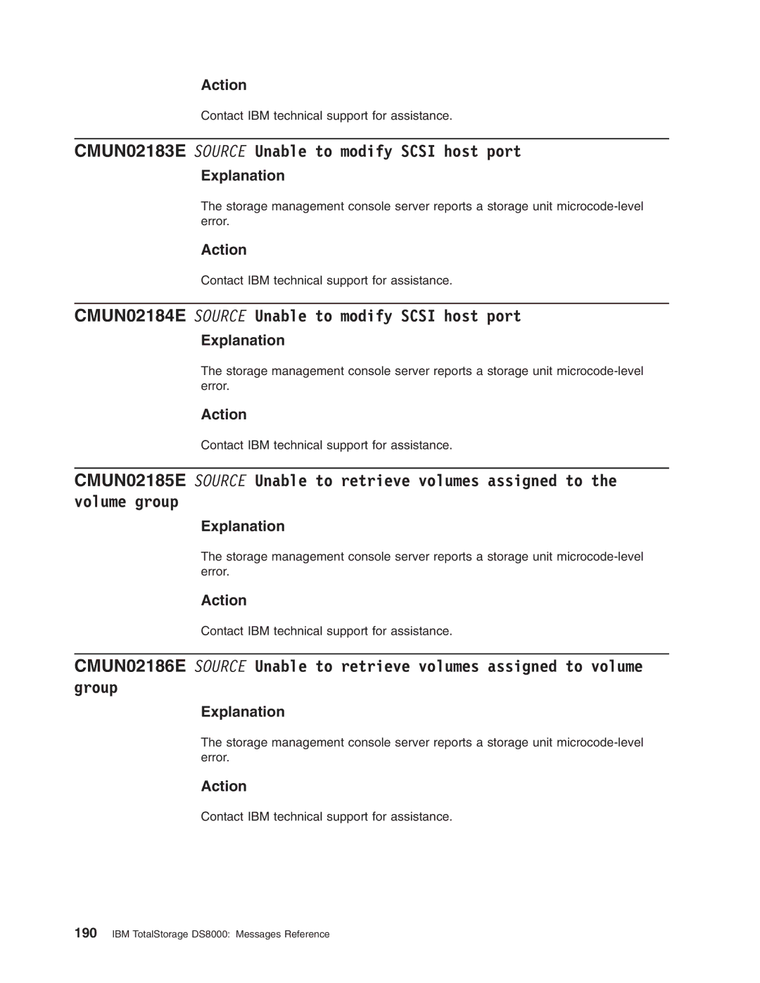 IBM DS8000 manual CMUN02183E Source Unable to modify Scsi host port, CMUN02184E Source Unable to modify Scsi host port 