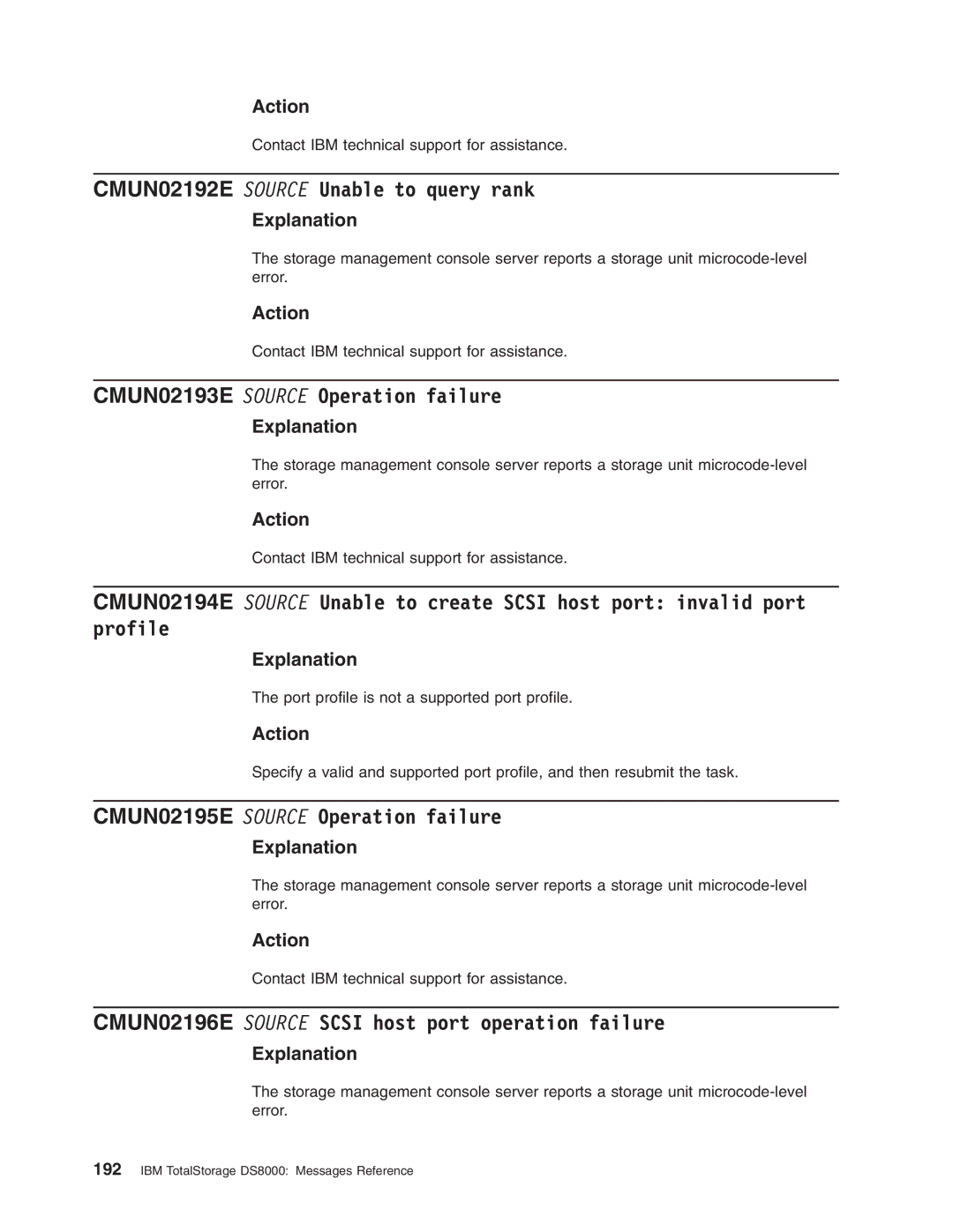 IBM DS8000 manual CMUN02192E Source Unable to query rank, CMUN02193E Source Operation failure 