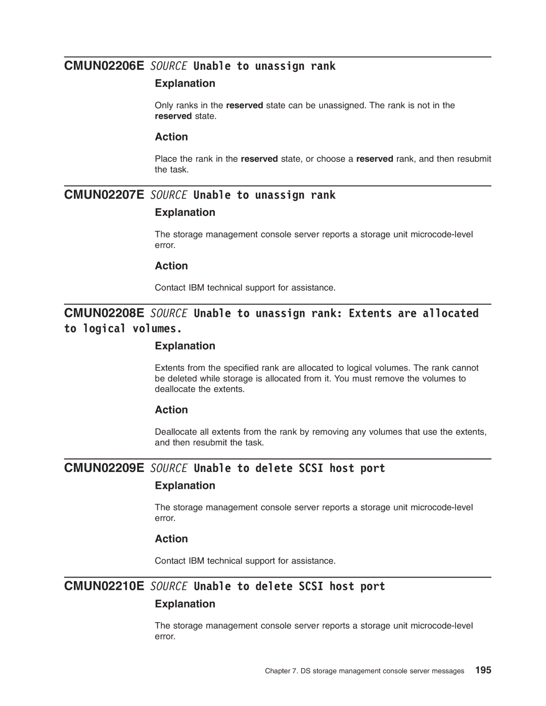 IBM DS8000 manual CMUN02206E Source Unable to unassign rank, CMUN02207E Source Unable to unassign rank 