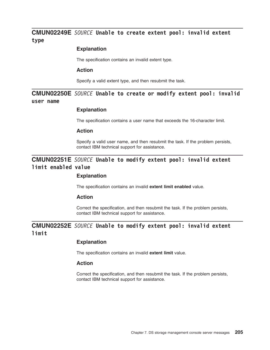 IBM DS8000 manual Specification contains an invalid extent type 