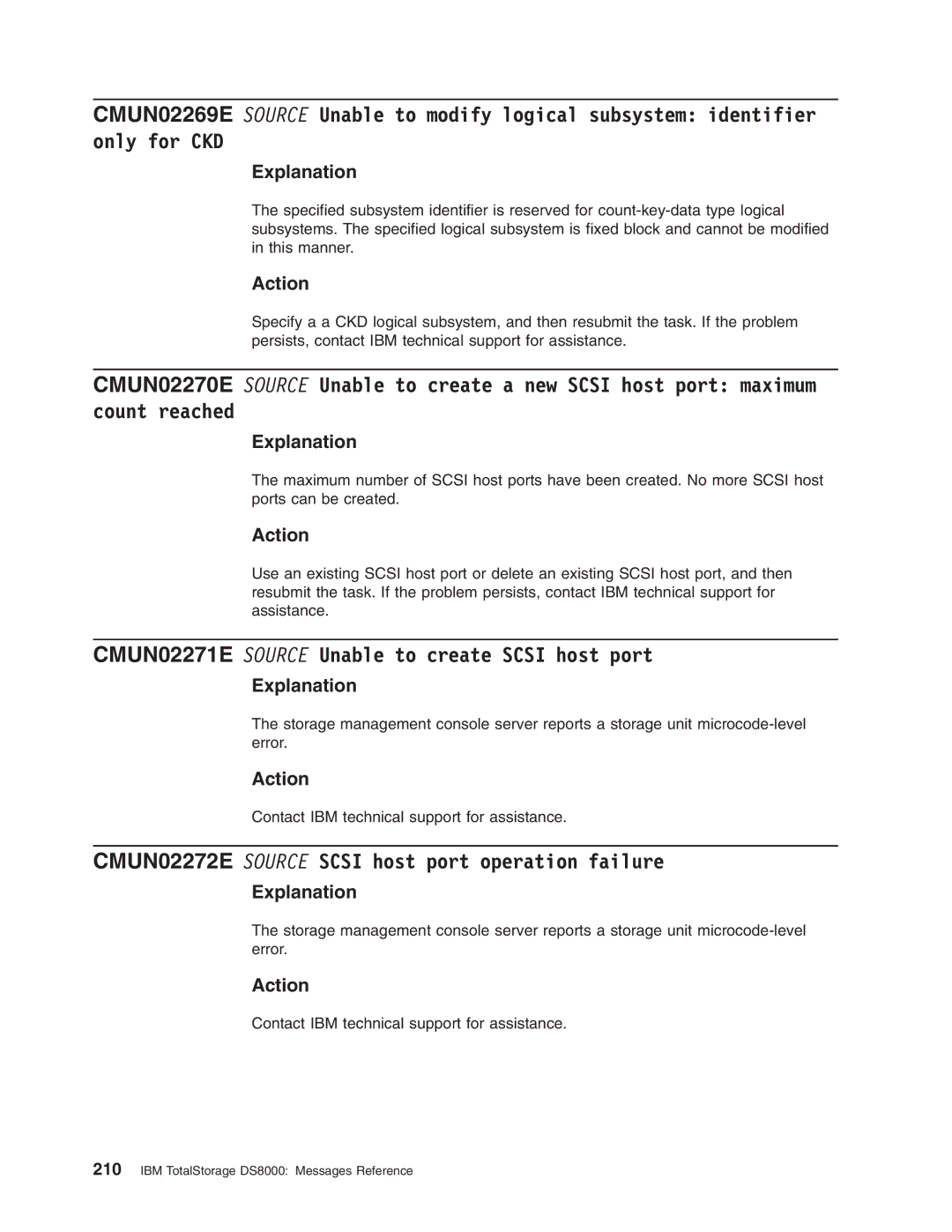 IBM DS8000 manual CMUN02271E Source Unable to create Scsi host port, CMUN02272E Source Scsi host port operation failure 