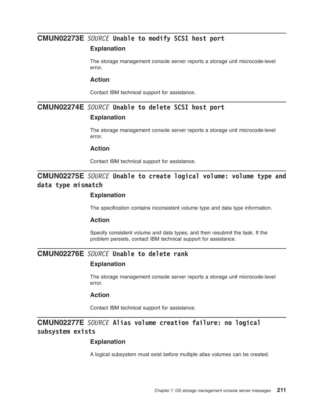 IBM DS8000 manual CMUN02273E Source Unable to modify Scsi host port, CMUN02274E Source Unable to delete Scsi host port 