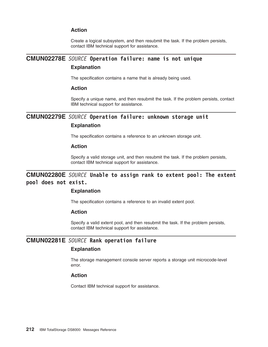 IBM DS8000 manual CMUN02278E Source Operation failure name is not unique, CMUN02281E Source Rank operation failure 