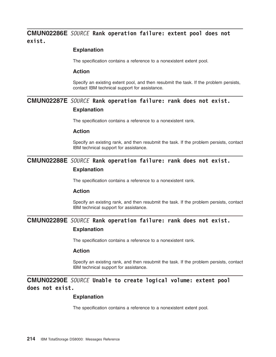 IBM DS8000 manual CMUN02287E Source Rank operation failure rank does not exist 