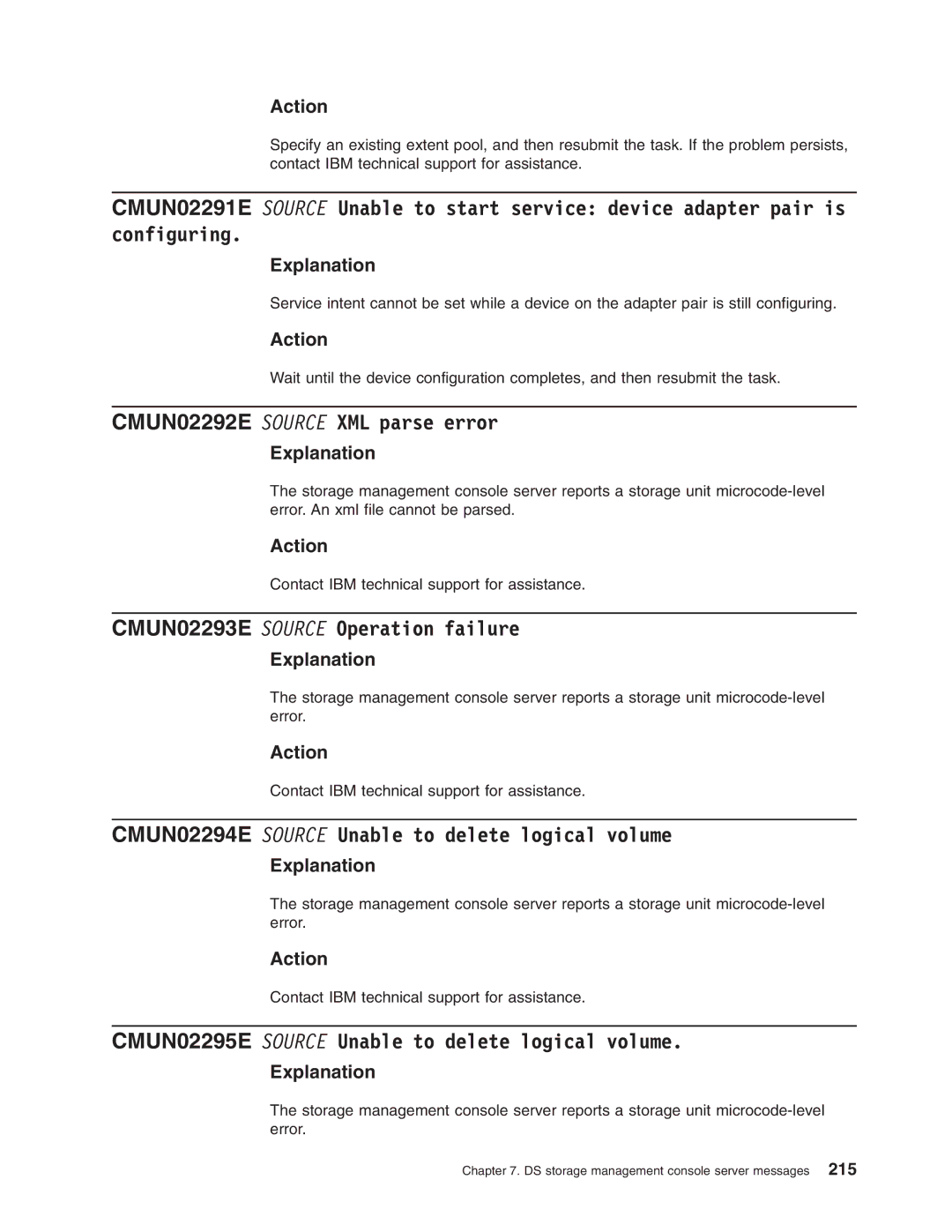 IBM DS8000 manual CMUN02292E Source XML parse error, CMUN02293E Source Operation failure 